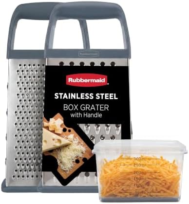 Rubbermaid EZ Grip Box Grater, Stainless Steel Cheese Grater & Container - BPA Free Multi-Surface Cheese Shredder & Food Grater Silver Blue | Graters for Kitchen -Non-Slip Base, Dishwasher Safe