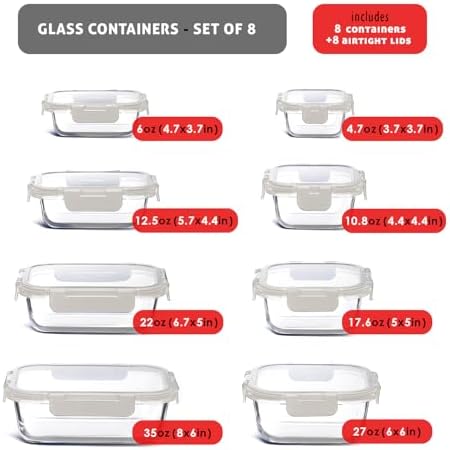 EATEX 16pc Glass Storage Containers with Lids, 8 Glass Food Storage Containers with 8 Airtight Lids for Pantry & Kitchen, Meal Prep Containers for Lunch, Oven Freezer Microwave & Dishwasher Safe