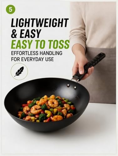 12.5" Carbon Steel Wok – Non-Stick, PFAS-Free Coating, Non-Toxic, Induction-Safe Flat Bottom Stir Fry Pan with Ergonomic Handle
