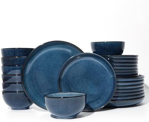 Pokini Stoneware Dinnerware Sets for 8, 24pcs Plates and Bowls Sets Dishes