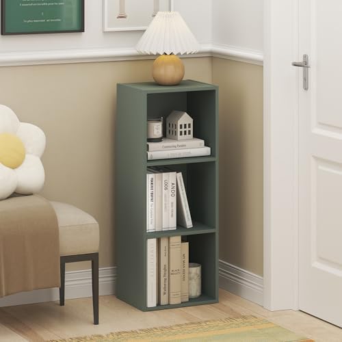 Furinno LUDER Book Shelf, 3-Cube Bookshelf, Bookcase with Open Shelves, 9.3 x 12 x 31.5, Easy Assembly, for Living Room, Bedroom, Home Office, Sage Green