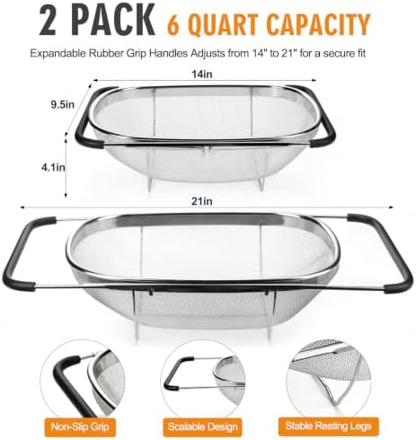 Palksky Over the Sink Colander, Stainless Steel Fine Mesh, 6 Quart 2 Pack