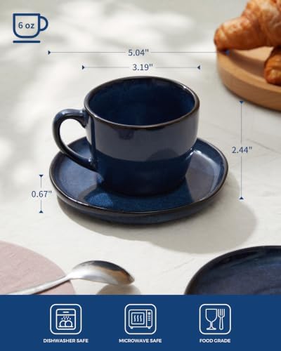 Pokini Stoneware Coffee Cups with Saucers, Cappuccino Cups, Mugs Set of 4