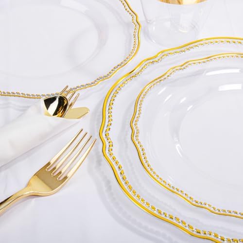 Hioasis 350 Pcs Clear Gold Plastic Plates for Wedding & Party