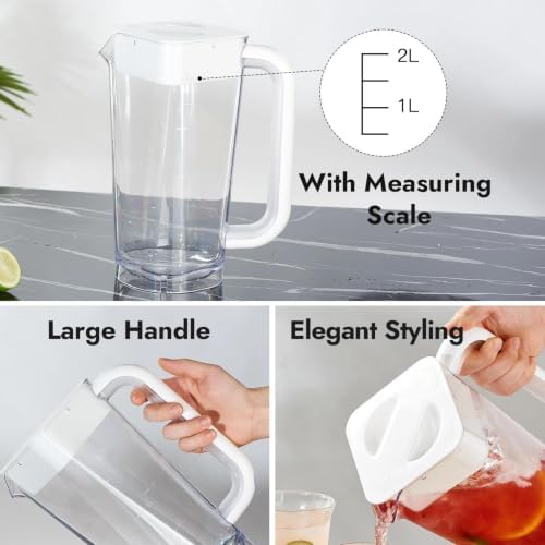 CURTA 4 Pack 2L/68 oz Plastic Pitcher with Lid & Handle, Large Capacity Water Jug with Measurement Marks, Clear Fridge Pitcher for Iced Tea, Juice, Lemonade & Cold Beverages