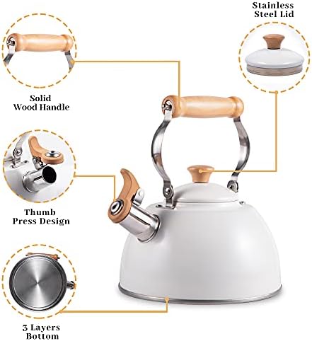 ROCKURWOK Whistling Tea Kettle, Tea Pot All Stovetop Safe, 2.7 Quart White