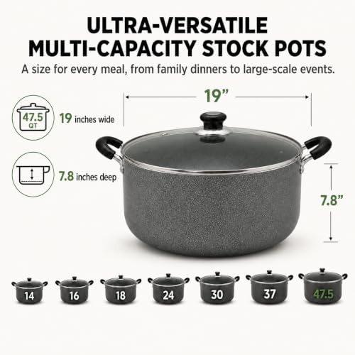 American Dream 47.5QT Sauce Pot with Glass Lid | Heavy-Duty Aluminum Stock Pot for Soups, Stews, Pasta & Seafood |Dutch Oven Style Cooking Pot with Stay-Cool Handles | Easy-Clean, PFOA-Free Cookware