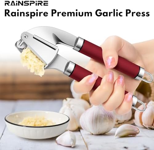 Rainspire Premium Garlic Press Stainless Steel, Garlic Mincer Tool, Garlic Crusher Tool, Garlic Smasher Garlic Masher Includes Silicone Garlic Peeler & Cleaning Brush, Dishwasher Safe (Red)