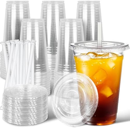 Ginkgo 50 Pack 24 oz Clear Plastic Cups with Lids and Straws