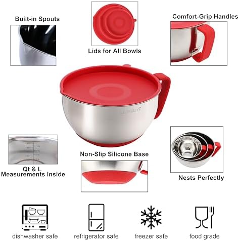 Rorence Stainless Steel Mixing Bowls Set with Lids,1.5,3 & 5 Qt,Red