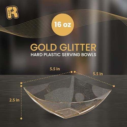R-kay 6 Pack Gold Glitter Plastic Serving Bowls -16 Oz Gold Plastic bowls 16 Oz - Disposable Serving Bowls Heavy Duty For Weddings Catering And Birthday parties
