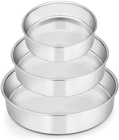 E-far Cake Pan Set of 3 (6 inch/8 inch/9½ inch), Stainless Steel Round Layer Cake Baking Pans, Perfect for Birthday Wedding Tier Cake, Non-Toxic & Healthy, Mirror Finish & Dishwasher Safe