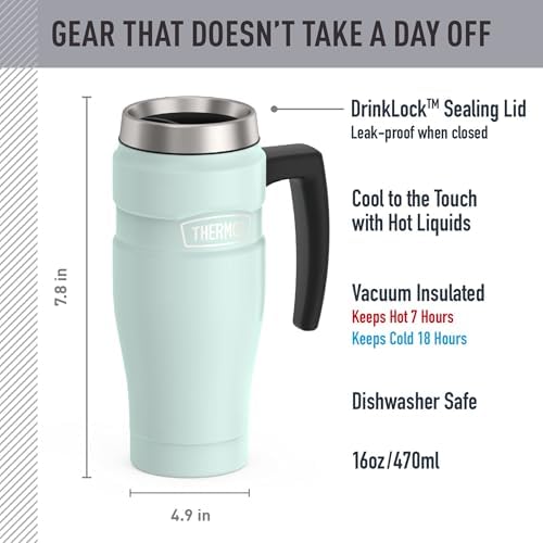 THERMOS Stainless King Travel Mug with Handle, 16oz, Matte Light Blue