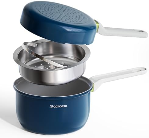 Ceramic Non Stick Sauce Pan, 2.5QT Saucepan with Frying Pan as Lid, Steamer Pot for Cooking, Induction Cookware Set, PTFE, PFOA & PFAS Free, Drak Blue