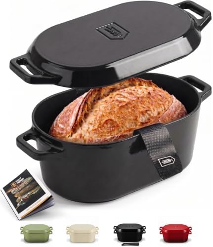 KooK Dutch Oven, For Sourdough Baking, Dual Handles, Enameled Cast Iron, includes Silicone Mat and Sourdough Guide, Dishwasher Safe, Oven safe 500F, 5 Qt, (Black)