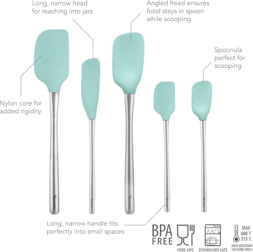 Tovolo Stainless Steel Handled Silicone Spatula Set of 5, Dishwasher Safe Kitchen Spatula Set for Cooking Baking, BPA Free Silicone Spatula set with Metal Steel Handle, Aqua Seafoam Green