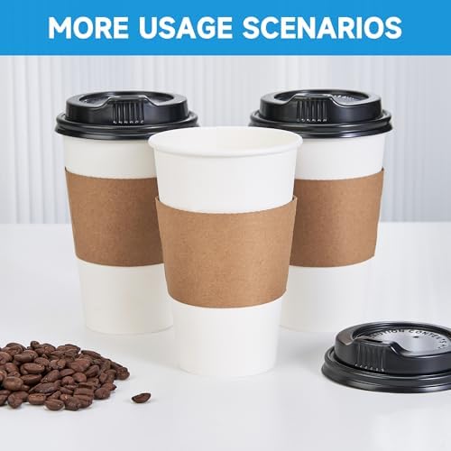 RACETOP 16 oz 50 Pack Disposable Paper Coffee Cups with Lids and Sleeves