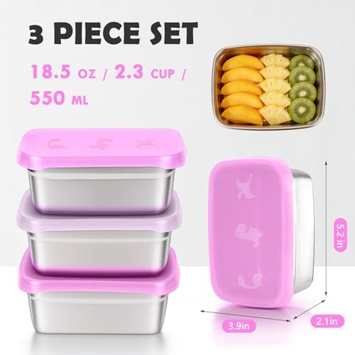 Tanjiae 3-Pack Stainless Steel Snack Containers for Kids & Toddlers - 550ml (18oz) Leakproof Colorful Lids with Cute Dinosaurs | LFGB Certified, Stackable Metal Lunch Box for Daycare, School, Travel