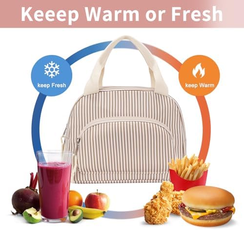 Lunch Bag Women Lunch Box for Women Adult Cute Insulated Lunch Bag Small Cooler Lunch Tote Bags for Work Picnic Travel (Brown Stripes)