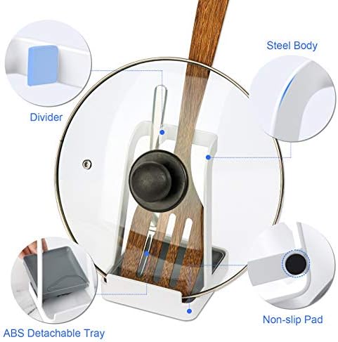 NiHome Versatile Pot Lid Ladle Holder Multipurpose Spatula Pad Book Cutting Board Spoon Rest Kitchen Utensils Drip Tray Washable Durable Stable Tack-Free Installation (White)