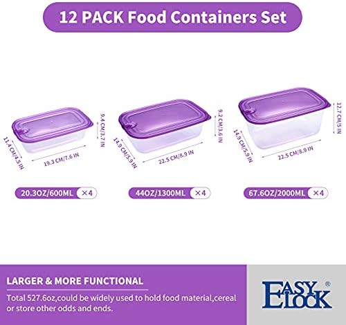 KIGI Lightweight Plastic Transparent Food Storage Containers with Lid Set Rectangle Meal Prep Containers, Microwave, Freezer, Dishwasher Safe (67oz, 44oz, 20oz|12PACK)