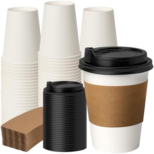 RACETOP Disposable Paper Coffee Cups with Lids & Sleeves, 12 oz, 50 Pack