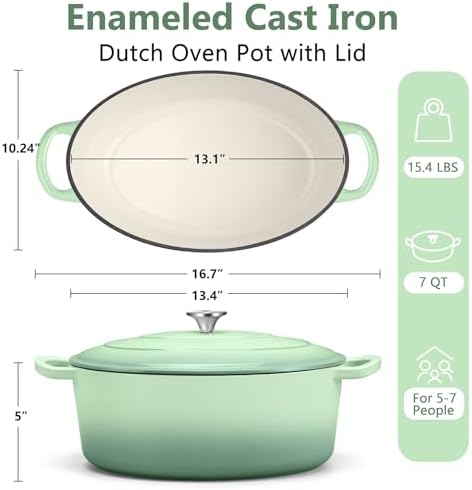 TeamFar 7QT Oval Dutch Oven, Enameled Cast Iron Dutch Oven Pot with Lid