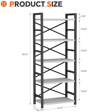 Homeiju Organization and Storage, 5 Tier Bookshelf, Tall Bookcase with Shelves, Wood and Metal Book Shelf Storage Organizer, Industrial Display Standing Shelf Unit for Bedroom, White
