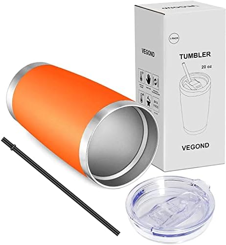 VEGOND 20oz Tumbler with Lid and Straw Stainless Steel Tumbler Cup Vacuum Insulated Double Wall Travel Coffee Mug Powder Coated Coffee Cup, Orange, 1 Pack