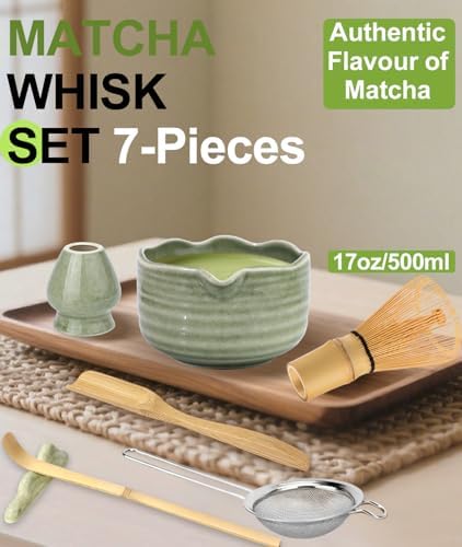 JBER Matcha Set with 17oz Ceramic Bowl, Bamboo Whisk, 7PCS Matcha Whisk Set
