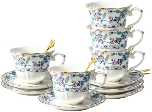 TATSUMI Bone China Tea Cup and Saucer Set (Purple, 6 set)