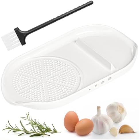 Luvan Garlic Grater Plate, 4 in 1 Ceramic Egg Cracker, Spoon Rest, Herb Stripper Bowl for Kitchen, Porcelain Garlic Ginger Grater with Brush & Silicone Pad for Grinding Wasabi, Ginger, Garlic, Cheese