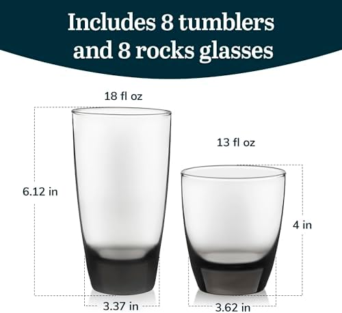 Libbey Classic Tumbler & Rocks Drinking Glasses Set of 16, Clear Glass Cups