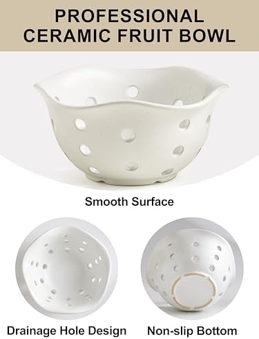 Gomakren Fruit Basket Set of 2, Berry Bowls with Holes Ceramic, Cream White