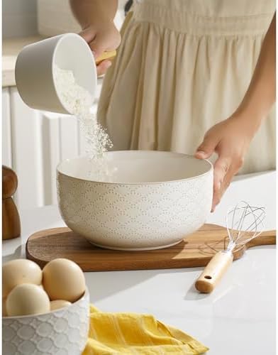 Mikiegy Ceramic Mixing Bowls Set of 4, Nesting Ceramic Embossment Stoneware Mixing Bowls for Cooking, Serving, Popcorn, Salad etc, Microwave & Dishwasher Safe, 20/44/98/145 oz, Off-White