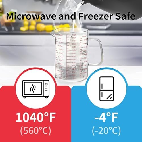 Luvan 6 Cups Glass Measuring Cup, Easy to Read with 3 measurement scales (Ml/Oz/Cup), Insulated Handle and V-shaped Spout, High Borosilicate Glass Measuring Cup, Ideal for Kitchen or Restaurant