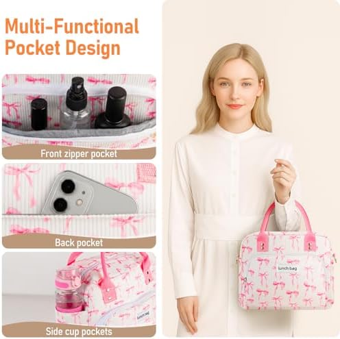Lunch Bag Large Insulated Lunch Box for Women Adult Cute Pink Lunchbox Lunch Bags Boxes Pail with Shoulder Strap for Work Mom Picnic Office Travel 11.4×6.8×9.1 inches 11.5L (Pink Bow)