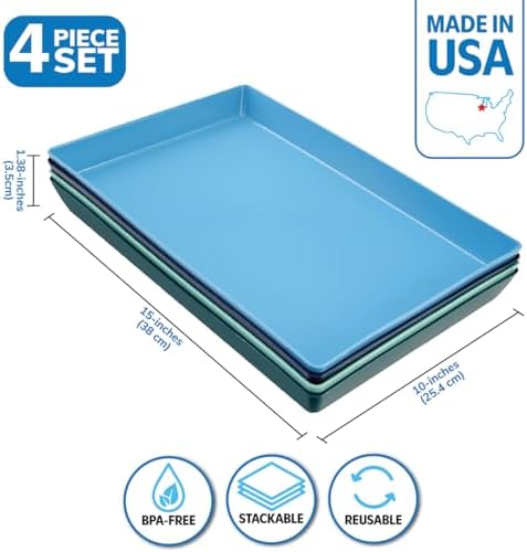 US Acrylic Coastal Plastic Serving Trays (Set of 4) 15” x 10” | Large Unbreakable Reusable Rectangular Party Platters | Serve Appetizers, Fruit, Veggies, & Desserts | BPA-Free & Made in USA