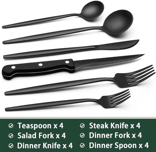 EWFEN 24-Piece Black Silverware Set with Steak Knives, Black Flatware Set for 4, Food-Grade Stainless Steel Tableware Cutlery Set, Mirror Finished Utensil Sets for Home Restaurant, Long Edge