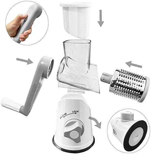 Handheld Rotary Cheese Grater Shredder- 3 Interchangeable Stainless Steel Drum Blades Manual Round Mandolin Vegetable Slicer Nut Grinder with Upgraded Strong Suction Base & Free Sharp Peeler, White