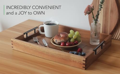 Joy&Grace Acacia Wood Ottoman Tray with Handles 16.7" x 12.8"