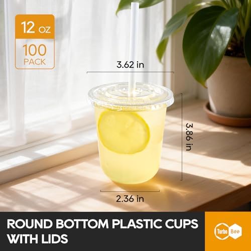 Turbo Bee Disposable Plastic Cups with Lids and Straws, 12 OZ, 100 Pack