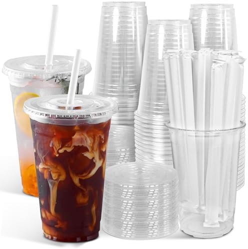 Ginkgo 100-Pack 20oz Clear Plastic Cups with Lids and Straws