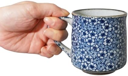 Nostalgic Mino Ware Ceramic Sometsuke Small Mug Cup - Japanese Crafted, Floral Pattern, Comfort Grip Handle, For Coffee and Green Tea or Soup, Matcha Tea, Gift Box Included (Kyokomon)