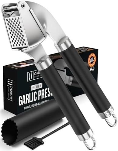 ORBLUE Garlic Press and Peeler Set, Stainless Steel - Professional Grade Mincer, Crusher - Dishwasher Safe & Rust-proof, Black