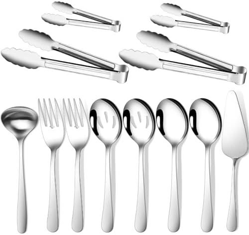 Gisly 12-Piece Serving Set - Large Spoons, Forks, Tongs, Ladle, Cake Server & Appetizer Tongs for Buffet Catering, Dishwasher Safe