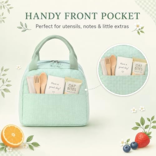 Bluboon Lunch Box for Women Cute Lunch Bag Reusable Insulated Lunch Bags Large Capacity Lunchbox Cooler for Work Picnic or Travel Gifts (Green White checker, 10 x 7.5 x 8 inches)