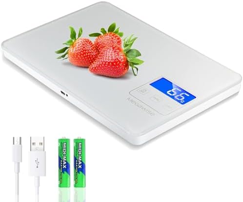 MEGAWISE Digital Kitchen Scale, 33 lb, Rechargeable, 1 g/0.04 oz, White