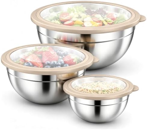 P&P CHEF Stainless Steel Mixing Bowls with Visible Airtight Lids, Khaki