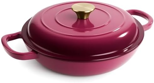 3 Quart Enameled Cast Iron Braiser, Non Stick Enameled Cast Iron Skillet with Lid, Dutch Oven Skillet with lid up to 500°F for Oven, Stove, Grill, Shallow Dutch Oven for Cook, Bake (Rose)